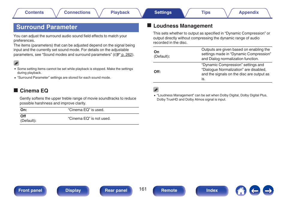 Surround parameter, Ocinema eq, Oloudness management | Marantz SR5010 User Manual | Page 161 / 295