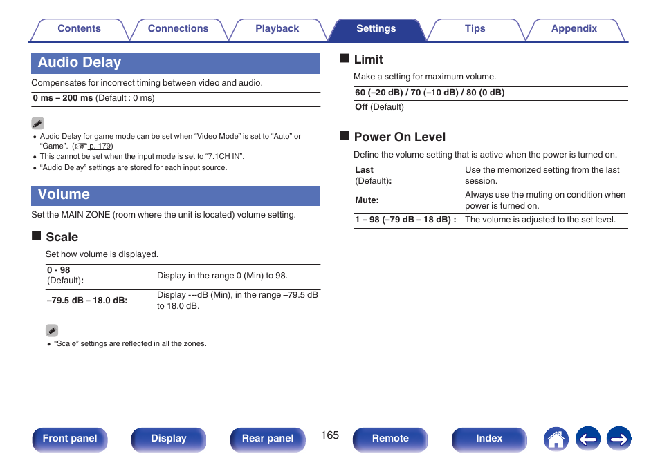 Audio delay, Volume, Oscale | Olimit, Opower on level | Marantz SR5010 User Manual | Page 165 / 295