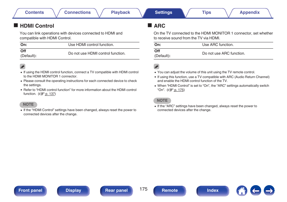 When “hdmi control” is set to “on” (v p. 175), Set “hdmi control” to “on”. (v p. 175), Tv. ( v p. 175) | Ohdmi control, Oarc | Marantz SR5010 User Manual | Page 175 / 295
