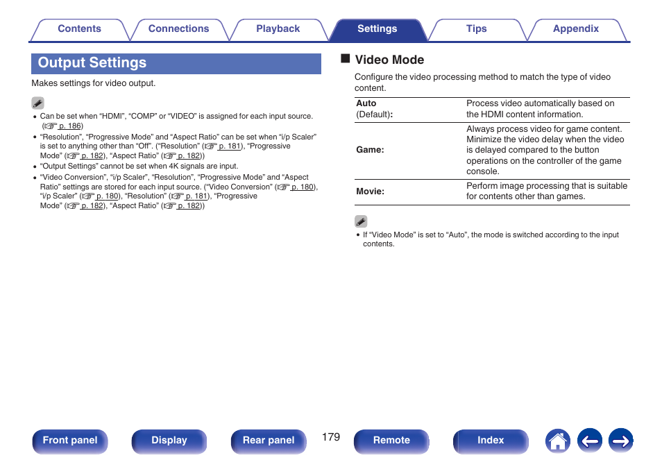 Output settings, Game”. (v p. 179), Ovideo mode | Marantz SR5010 User Manual | Page 179 / 295