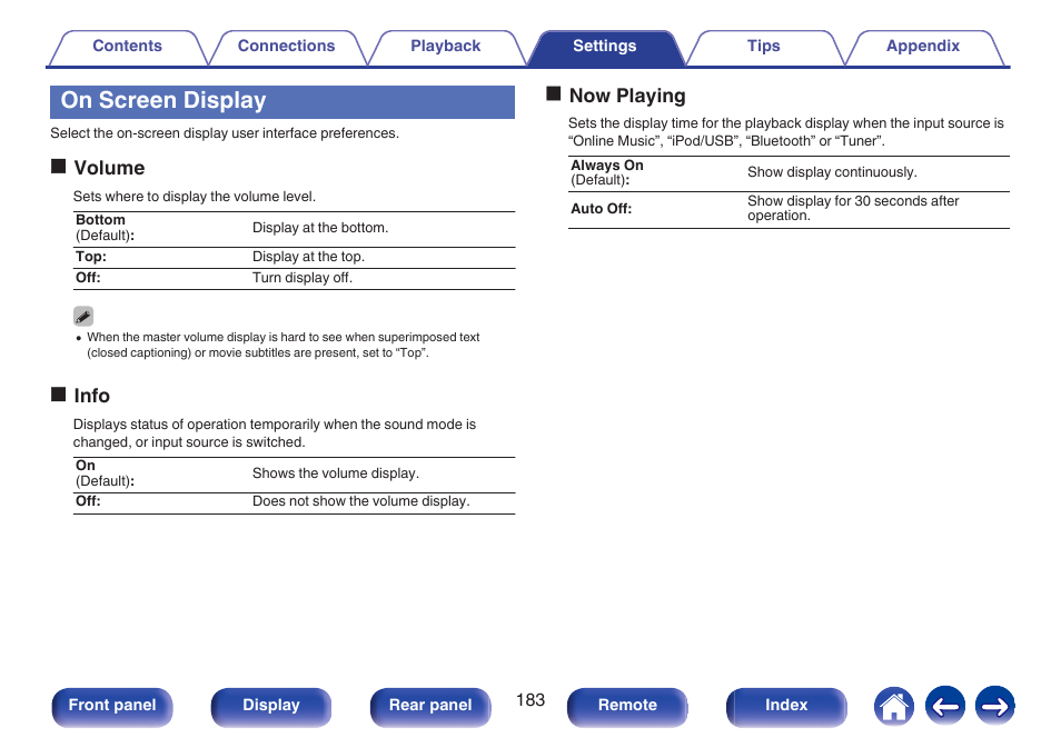 On screen display, Ovolume, Oinfo | Onow playing | Marantz SR5010 User Manual | Page 183 / 295