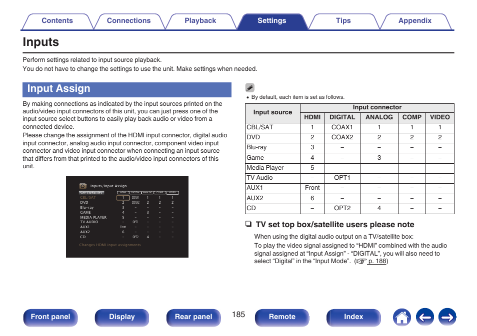 Inputs, Input assign, Assign” setting. (v p. 185) | Marantz SR5010 User Manual | Page 185 / 295