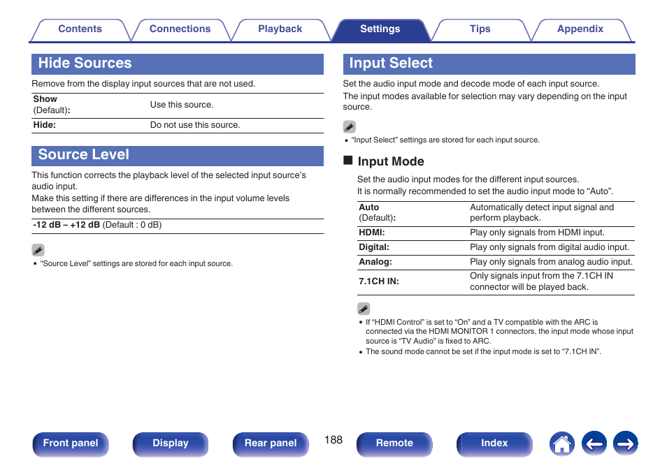 Hide sources, Source level, Input select | Available. (v p. 188), V p. 188), Oinput mode | Marantz SR5010 User Manual | Page 188 / 295