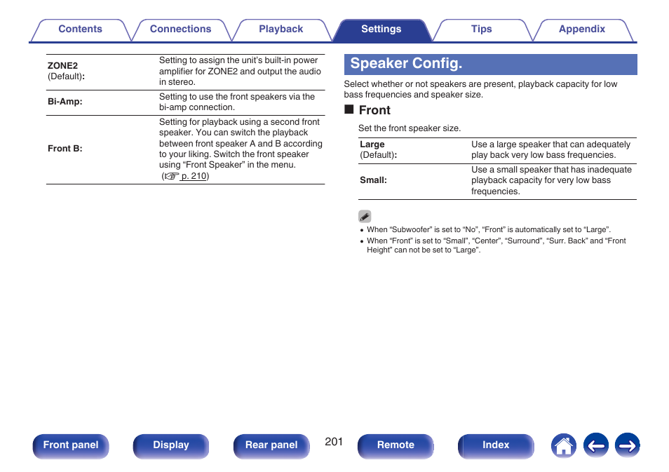 Speaker config, Ofront | Marantz SR5010 User Manual | Page 201 / 295