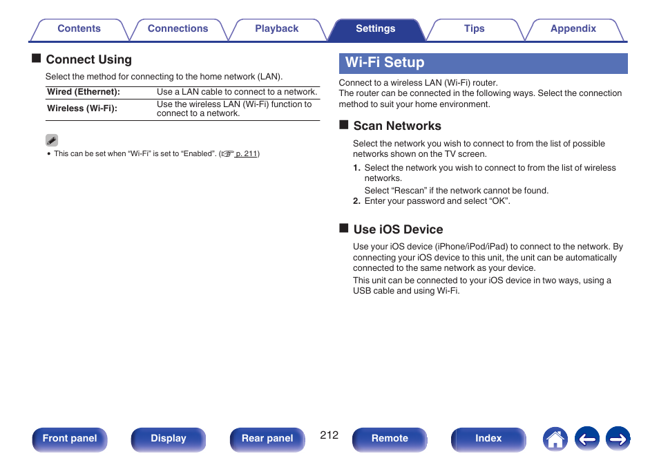 Wi-fi setup, V p. 212), Fi)” and configure the “wi-fi setup”. (v p. 212) | Marantz SR5010 User Manual | Page 212 / 295