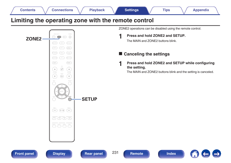 Zone2 setup, Ocanceling the settings, Press and hold zone2 and setup | Front panel display rear panel remote index, The main and zone2 buttons blink | Marantz SR5010 User Manual | Page 231 / 295