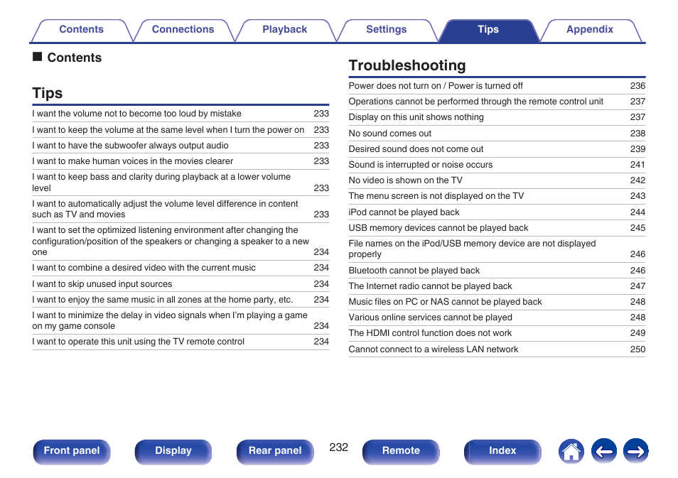 Tips, Troubleshooting, Ocontents | Marantz SR5010 User Manual | Page 232 / 295