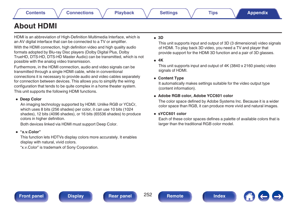 Appendix, About hdmi | Marantz SR5010 User Manual | Page 252 / 295