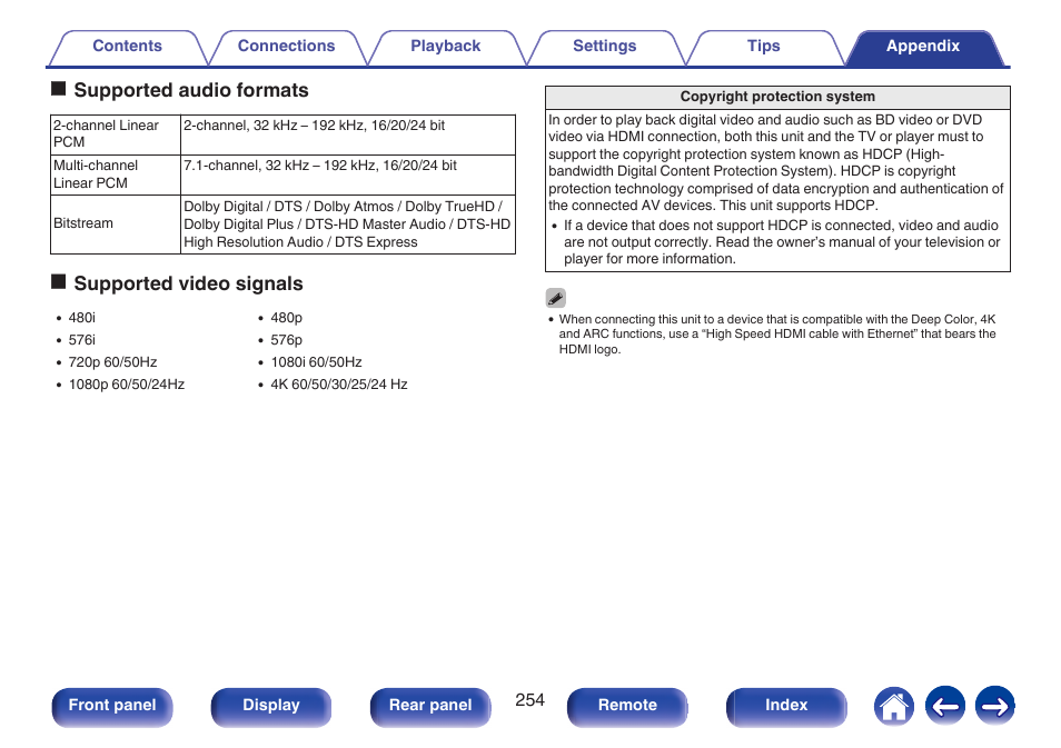 Osupported audio formats, Osupported video signals | Marantz SR5010 User Manual | Page 254 / 295