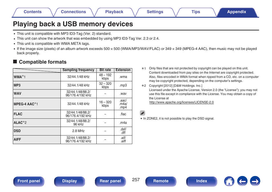 Playing back a usb memory devices, Ocompatible formats | Marantz SR5010 User Manual | Page 257 / 295