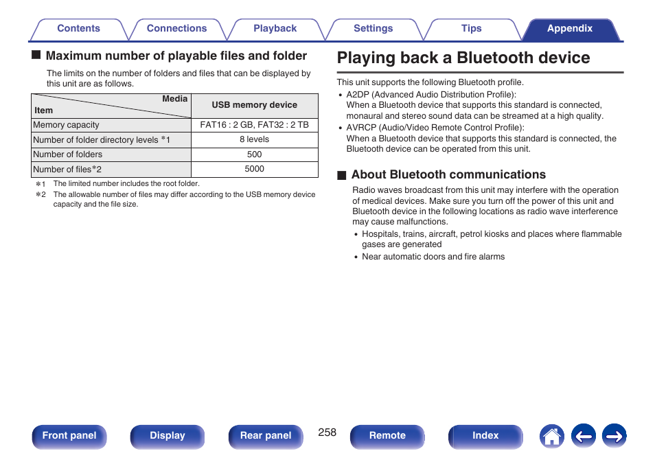 Playing back a bluetooth device, Omaximum number of playable files and folder, O about bluetooth communications | Marantz SR5010 User Manual | Page 258 / 295