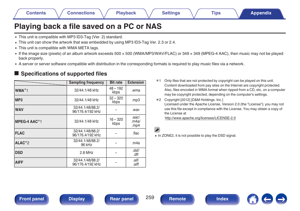 Playing back a file saved on a pc or nas, Nas” (v p. 259), Ospecifications of supported files | Marantz SR5010 User Manual | Page 259 / 295