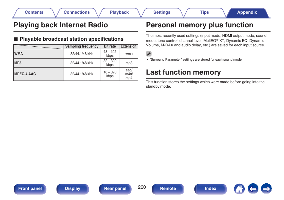 Playing back internet radio, Personal memory plus function, Last function memory | See “playing an internet radio station” (v p. 260), O playable broadcast station specifications | Marantz SR5010 User Manual | Page 260 / 295