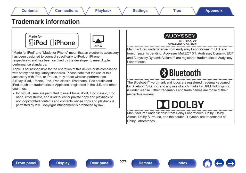 Trademark information | Marantz SR5010 User Manual | Page 277 / 295