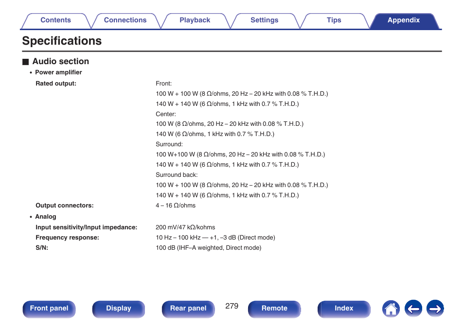 Specifications | Marantz SR5010 User Manual | Page 279 / 295