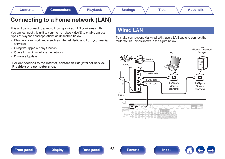 Connecting to a home network (lan), Wired lan, Network. (v p. 63) | Marantz SR5010 User Manual | Page 63 / 295