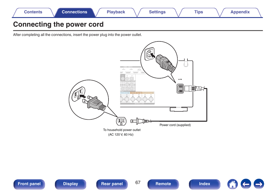 Connecting the power cord, V p. 67) | Marantz SR5010 User Manual | Page 67 / 295