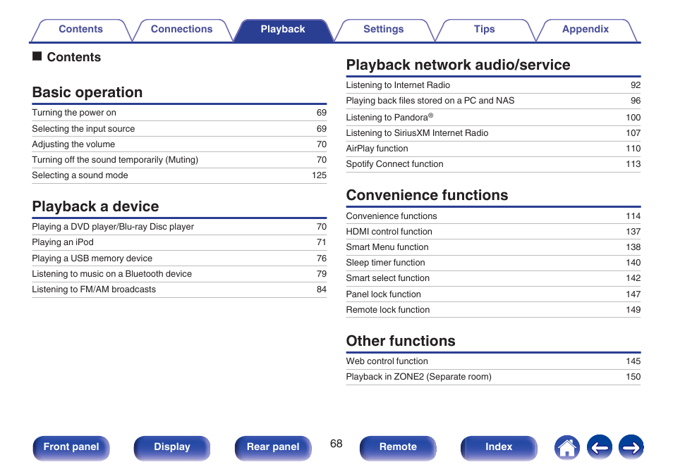 Playback, Basic operation, Playback a device | Playback network audio/service, Convenience functions, Other functions, Ocontents | Marantz SR5010 User Manual | Page 68 / 295