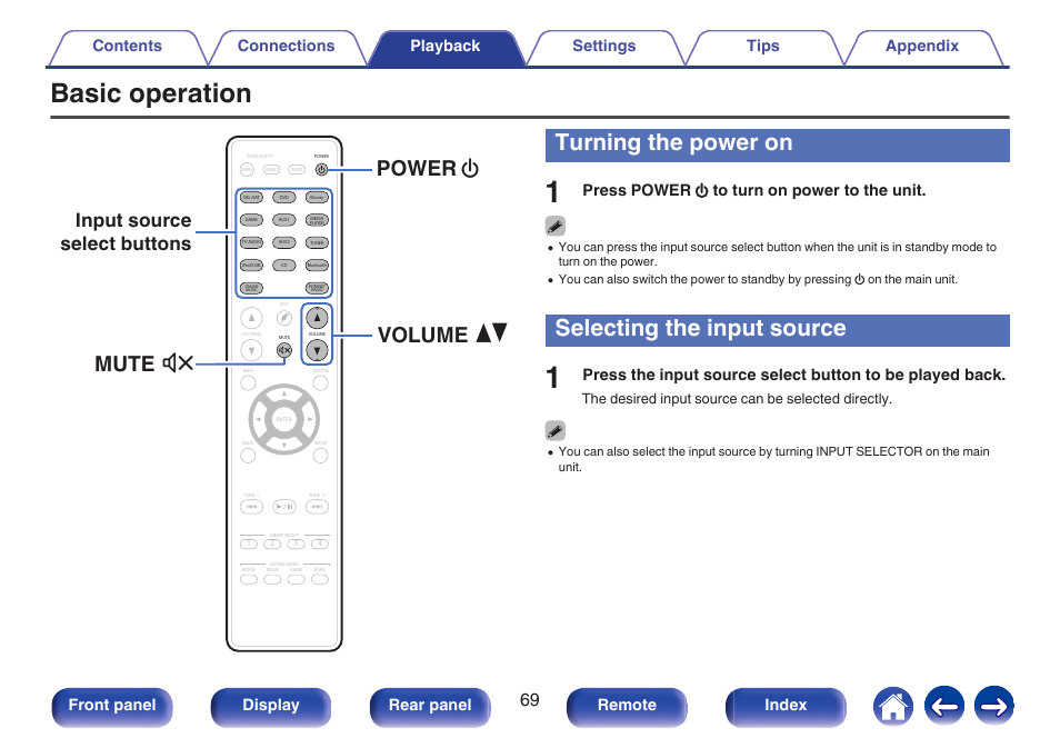 Basic operation, Turning the power on, Selecting the input source | Located) on/off (standby). (v p. 69), This selects the input source. (v p. 69), Selecting the input source” (v p. 69), Turning the power on” (v p. 69), Mute power volume x df, Input source select buttons, Press power x to turn on power to the unit | Marantz SR5010 User Manual | Page 69 / 295