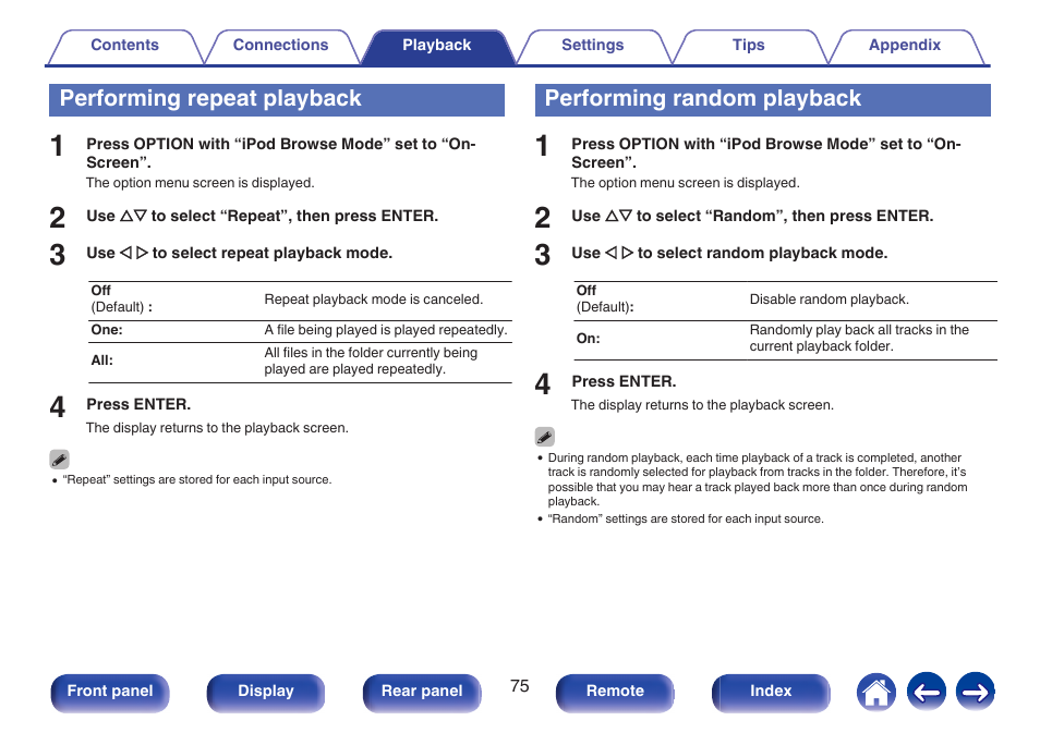 Performing repeat playback, Performing random playback, Performing repeat playback” (v p. 75) | Performing random playback” (v p. 75) | Marantz SR5010 User Manual | Page 75 / 295