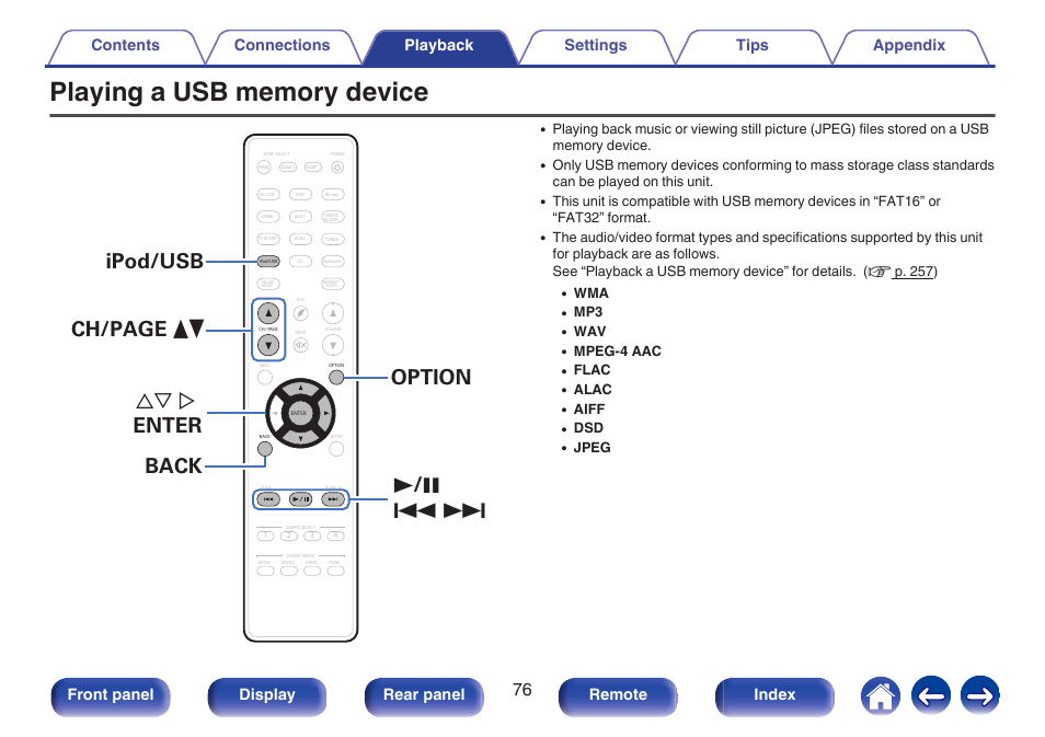 Playing a usb memory device, V p. 76), Front panel display rear panel remote index | Marantz SR5010 User Manual | Page 76 / 295