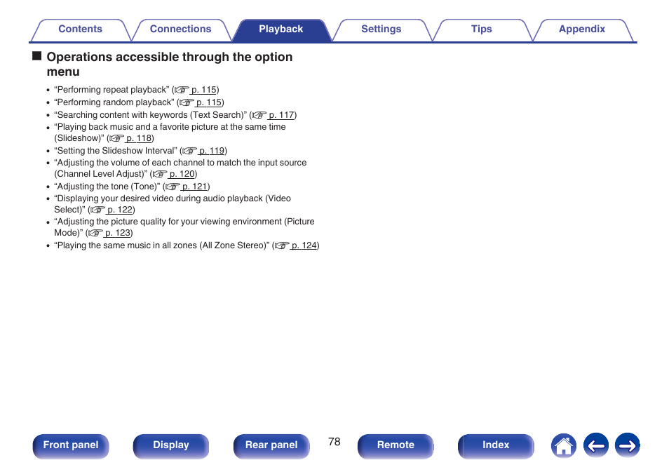 Ooperations accessible through the option menu | Marantz SR5010 User Manual | Page 78 / 295