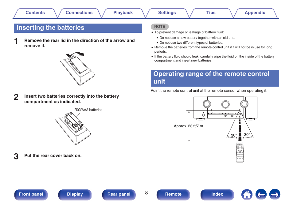 Inserting the batteries, Operating range of the remote control unit | Marantz SR5010 User Manual | Page 8 / 295