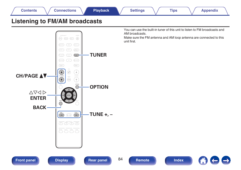 Listening to fm/am broadcasts, Listening to fm/am broadcasts” (v p. 84)), Tuner uio p enter ch/page df back tune +, – option | Front panel display rear panel remote index | Marantz SR5010 User Manual | Page 84 / 295