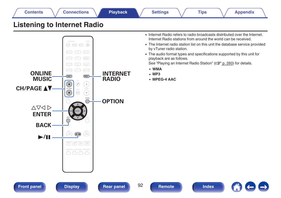 Listening to internet radio, Front panel display rear panel remote index | Marantz SR5010 User Manual | Page 92 / 295