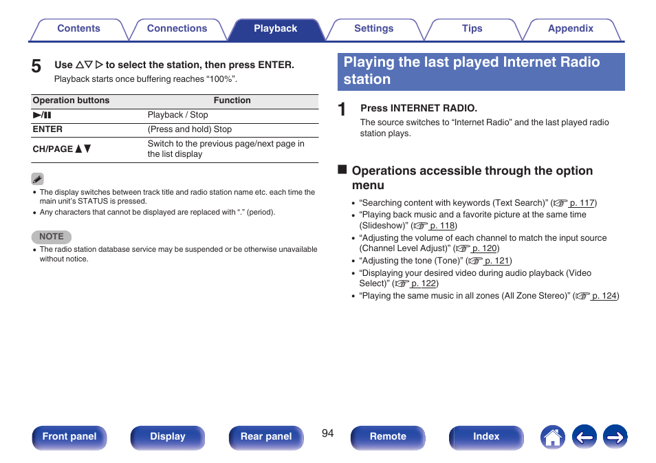 Playing the last played internet radio station, Ooperations accessible through the option menu | Marantz SR5010 User Manual | Page 94 / 295