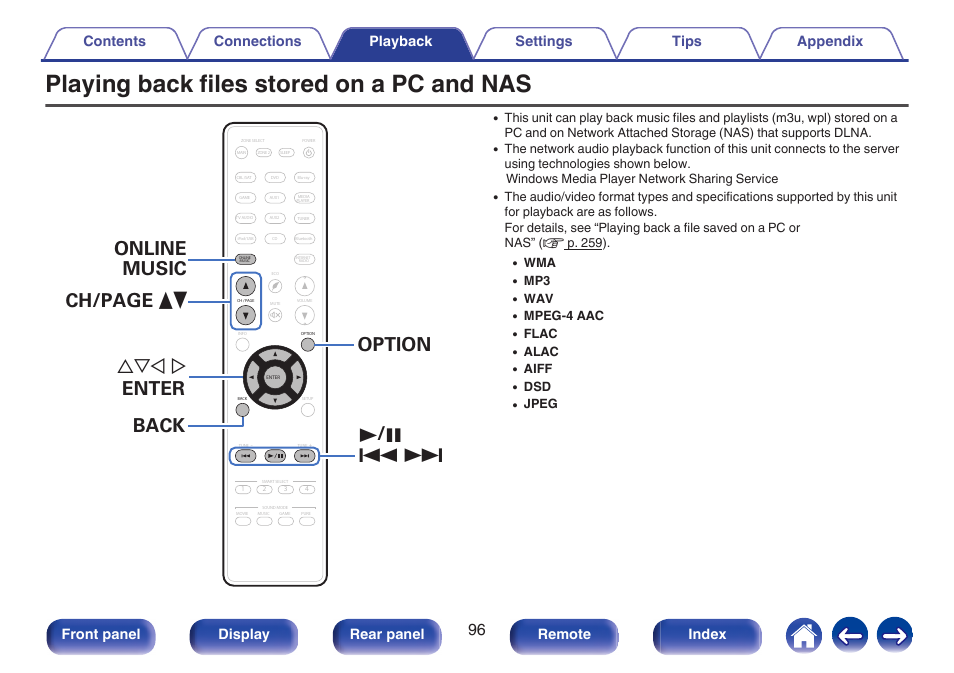 Playing back files stored on a pc and nas, Front panel display rear panel remote index | Marantz SR5010 User Manual | Page 96 / 295