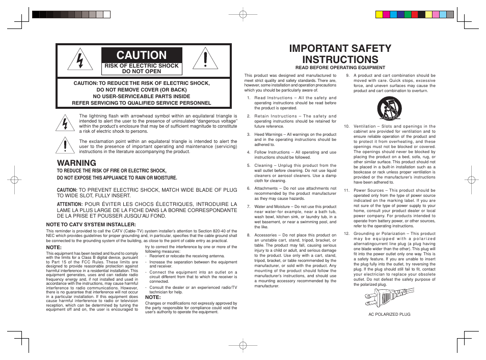 Caution, Important safety instructions, Warning | Marantz SR6001 User Manual | Page 2 / 71