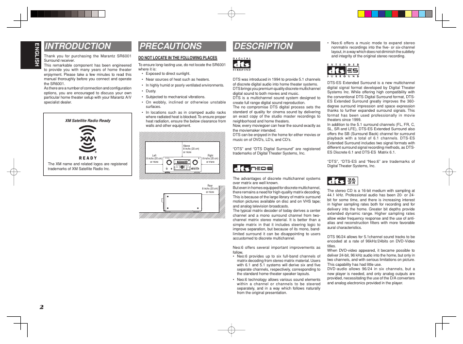 Description, Introduction, Precautions | Marantz SR6001 User Manual | Page 5 / 71