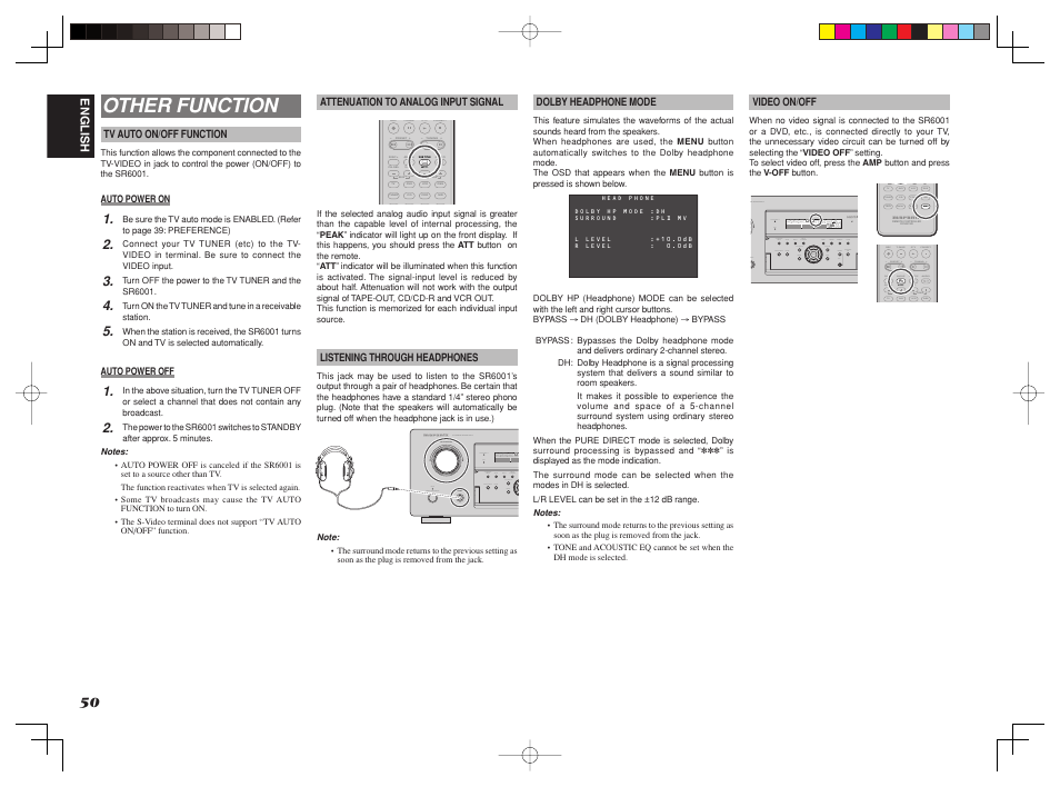 Other function, Md cdr cd dvd aux2 vcr tuner dss tv aux1 amp amp, T.disp f.direct pty tuning preset | Marantz SR6001 User Manual | Page 53 / 71