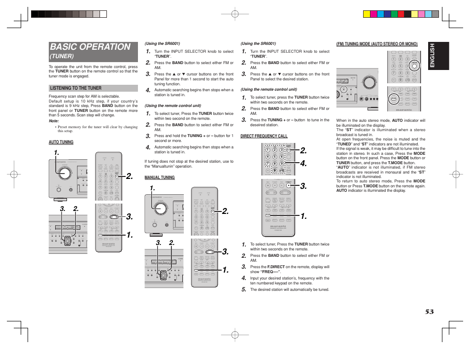 Basic operation, P.scan cat t.mode, Source volume volume 7.1ch in 7.1ch in | T.disp f.direct pty tuning preset | Marantz SR6001 User Manual | Page 56 / 71