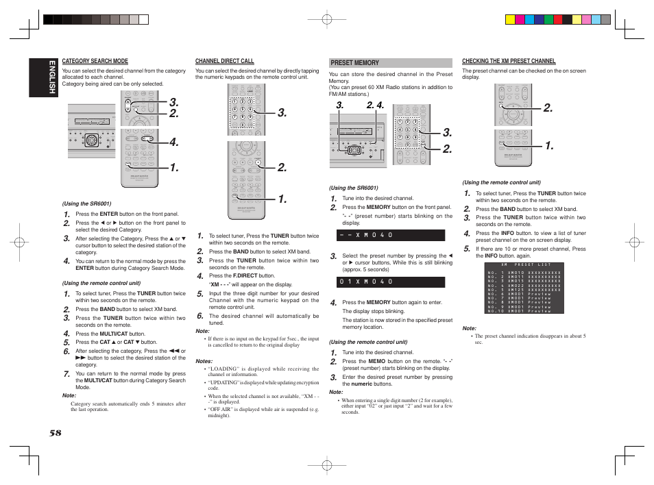 Multi/ menu spkr a/b info m-spkr mute volume, Cat ch/ ch, Tuning preset | P.scan cat t.mode, Source, P.direct, F.direct pty tuning preset, Cat p.scan cat t.mode, P.direct ht-eq ht-eq | Marantz SR6001 User Manual | Page 61 / 71