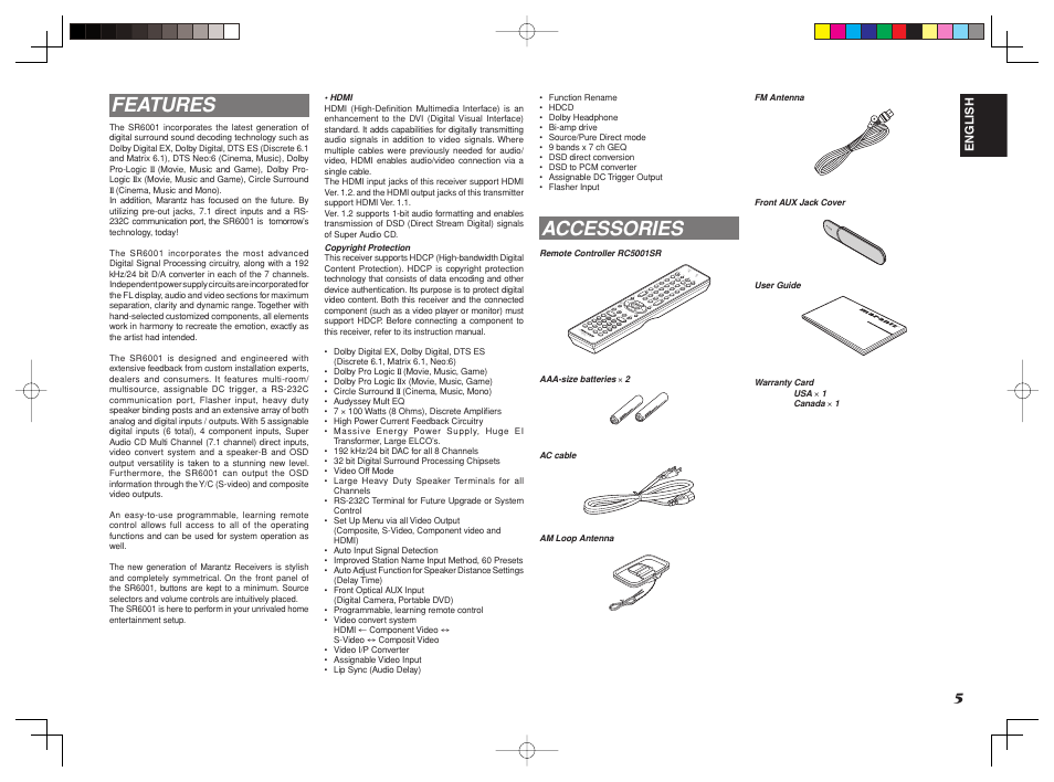 Features, Accessories | Marantz SR6001 User Manual | Page 8 / 71