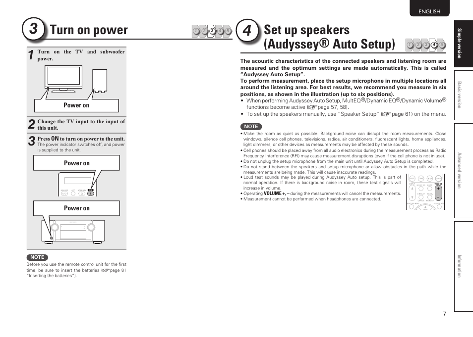 Turn on power, Set up speakers (audyssey® auto setup) | Marantz SR6005 User Manual | Page 11 / 104