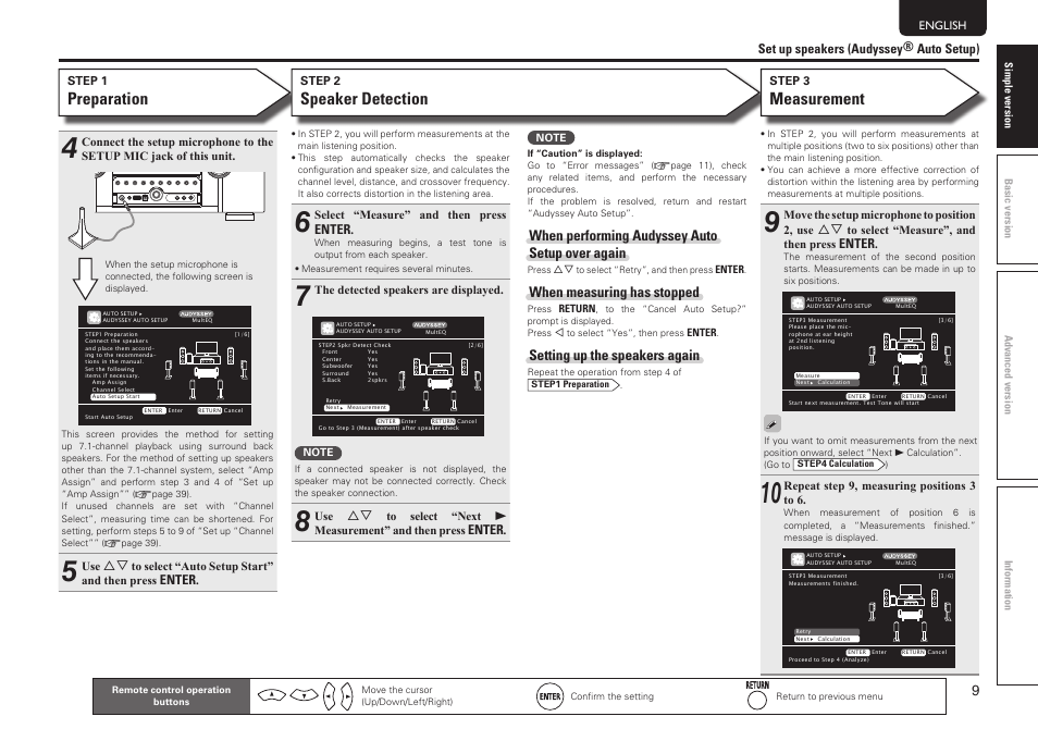 Preparation, Speaker detection, Measurement | When performing audyssey auto setup over again, When measuring has stopped, Setting up the speakers again, Set up speakers (audyssey® auto setup), Enter | Marantz SR6005 User Manual | Page 13 / 104