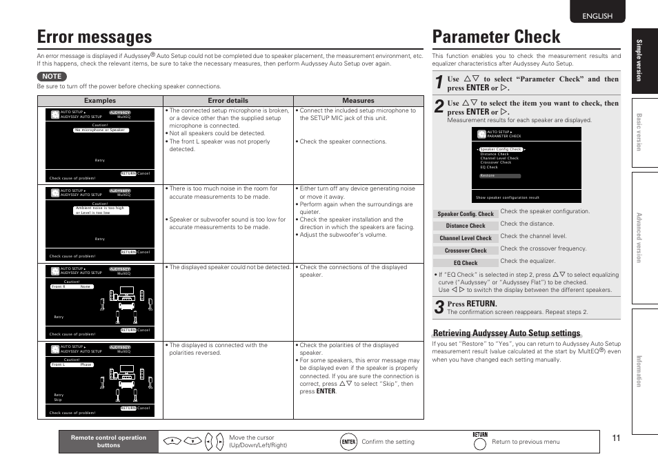 Parameter check, Error messages, Retrieving audyssey auto setup settings | Enter, Return | Marantz SR6005 User Manual | Page 15 / 104