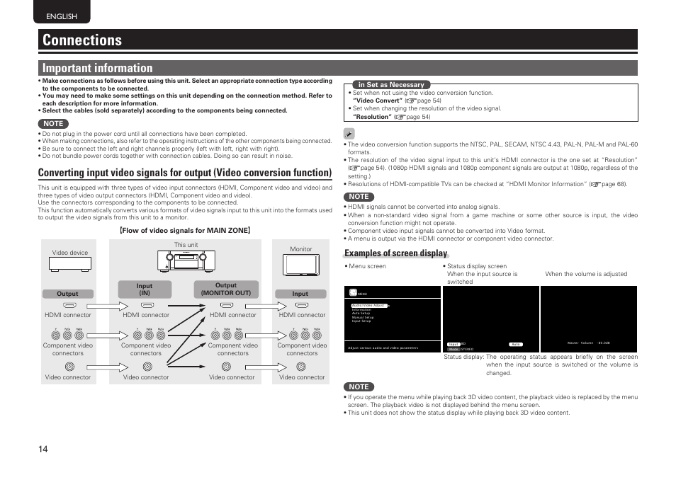 Connections, Important information, Examples of screen display | Marantz SR6005 User Manual | Page 18 / 104