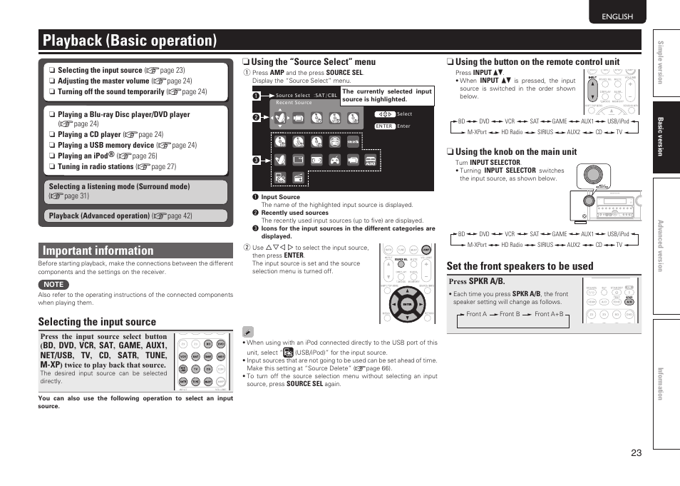 Playback (basic operation), Important information, Selecting the input source | Set the front speakers to be used | Marantz SR6005 User Manual | Page 27 / 104