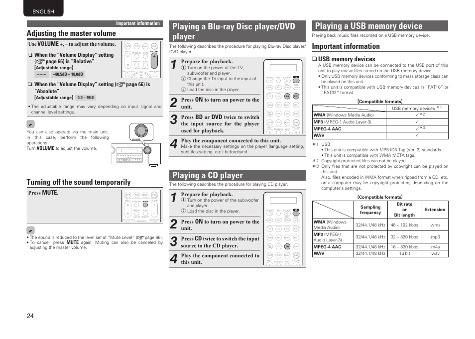 Playing a blu-ray disc player/dvd player, Playing a cd player, Adjusting the master volume | Turning off the sound temporarily, Important information | Marantz SR6005 User Manual | Page 28 / 104