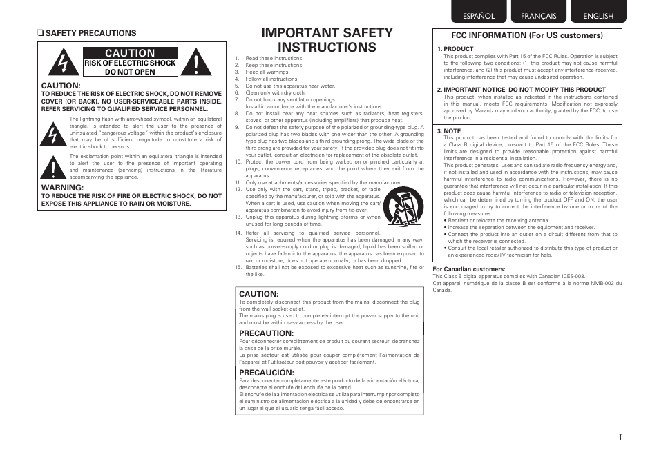 Important safety instructions, Caution | Marantz SR6005 User Manual | Page 3 / 104