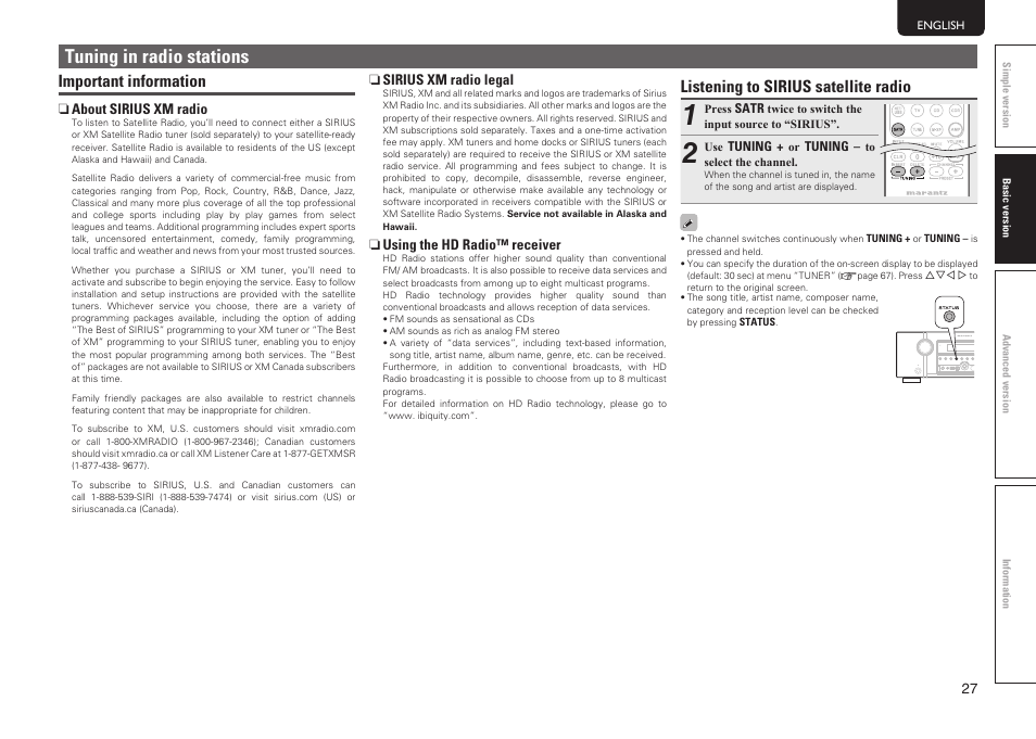 Tuning in radio stations, Important information, Listening to sirius satellite radio | Marantz SR6005 User Manual | Page 31 / 104