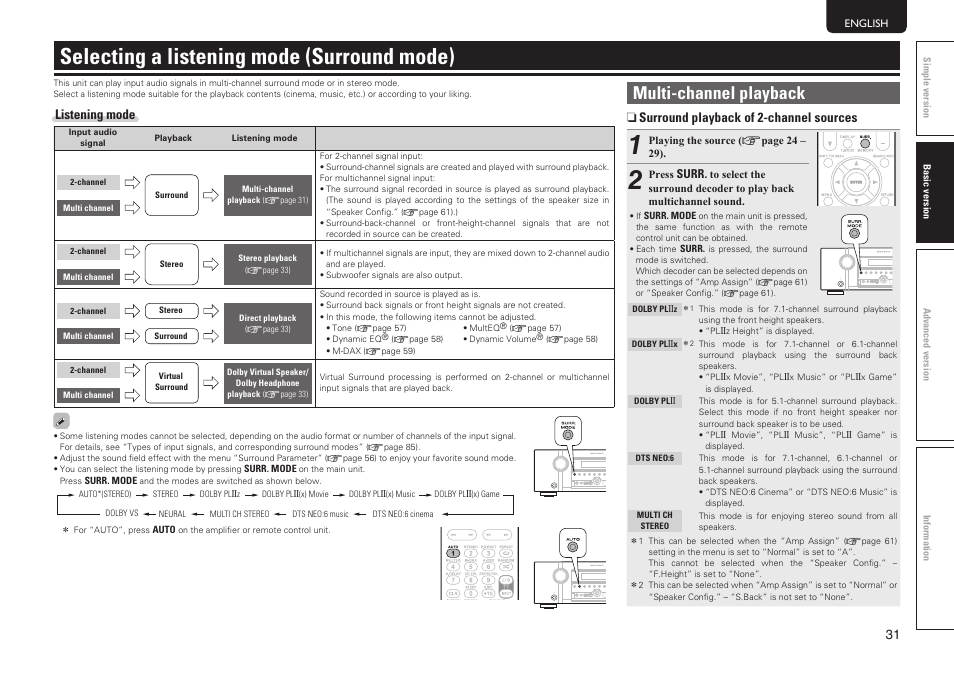 Selecting a listening mode (surround mode), Multi-channel playback, N surround playback of 2-channel sources | Listening mode | Marantz SR6005 User Manual | Page 35 / 104