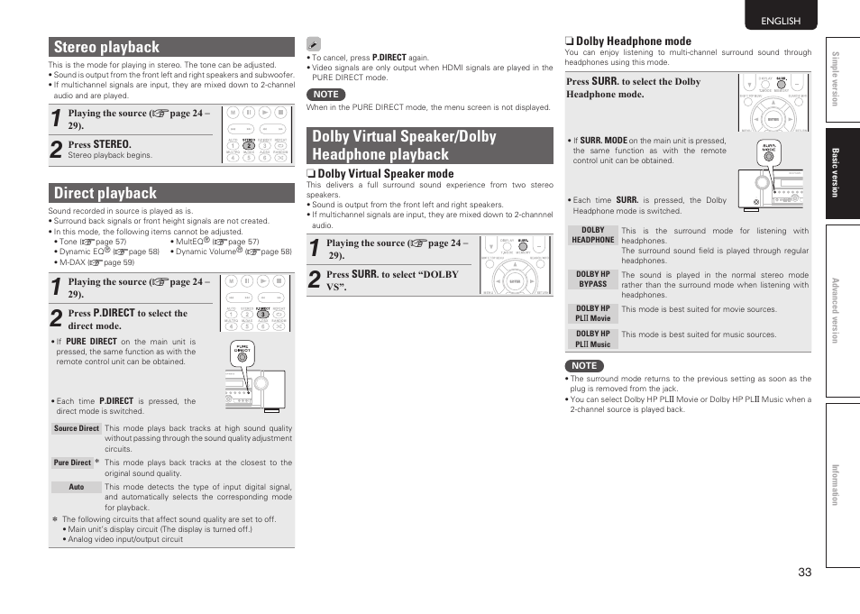 Stereo playback, Direct playback, Dolby virtual speaker/dolby headphone playback | Marantz SR6005 User Manual | Page 37 / 104