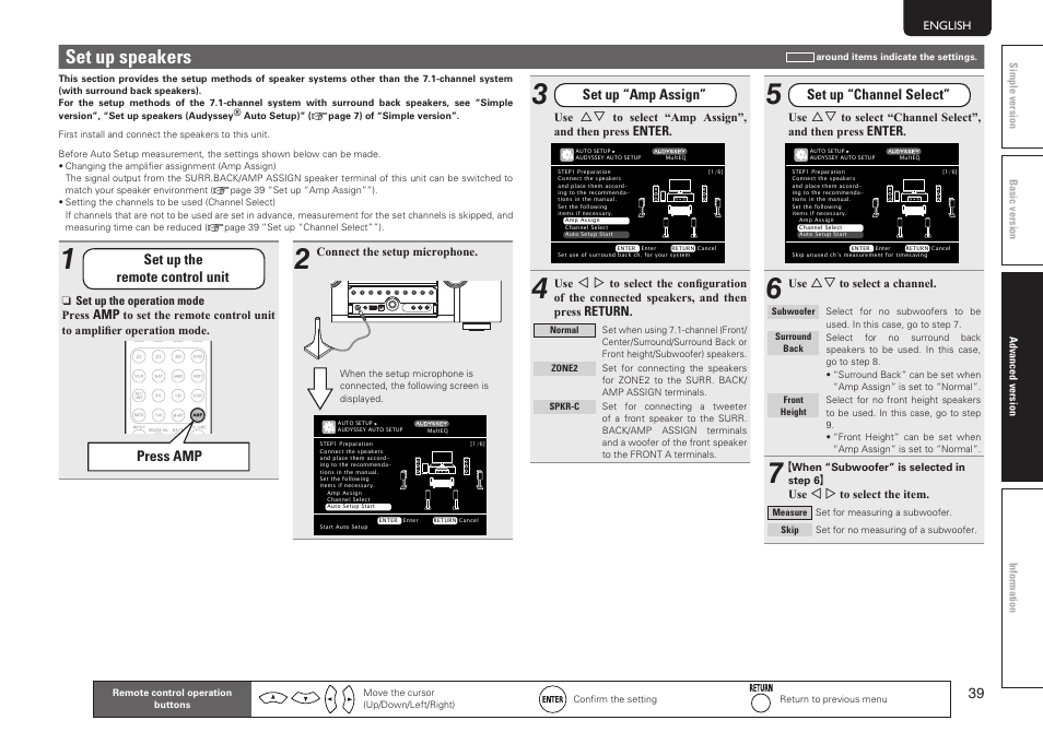 Set up speakers, Set up the remote control unit, Press amp | Set up “amp assign, Set up “channel select | Marantz SR6005 User Manual | Page 43 / 104