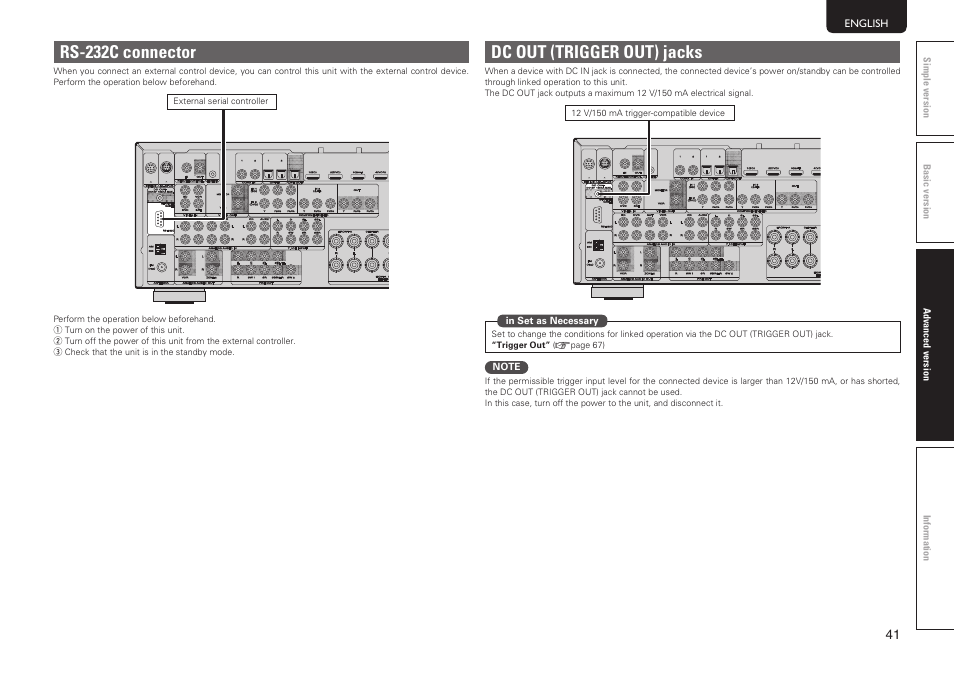 Rs-232c connector, Dc out (trigger out) jacks | Marantz SR6005 User Manual | Page 45 / 104