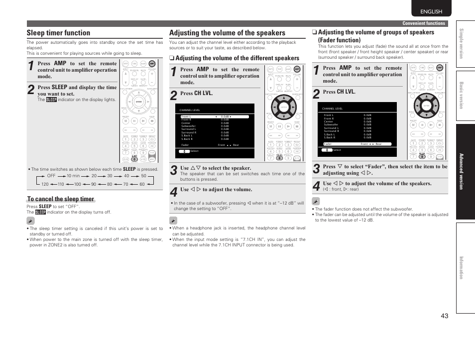 Sleep timer function, Adjusting the volume of the speakers | Marantz SR6005 User Manual | Page 47 / 104